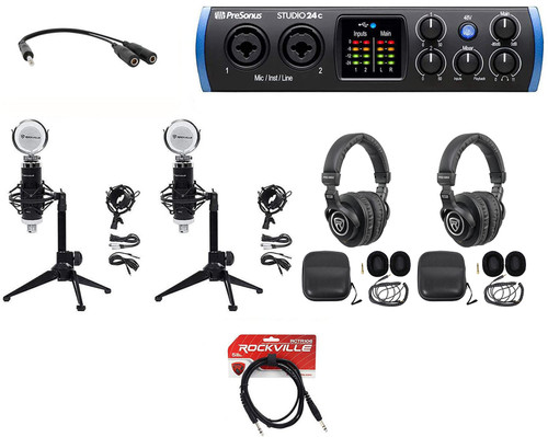 2-Person Podcast Podcasting Recording Kit w/Presonus STUDIO 24C Interface+Stands