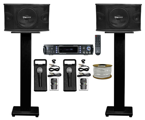 (2) Rockville KPS10 10" 1200w Karaoke/Pro Speakers+Bluetooth Amp+Stands+(2) Mics + Rockville R14GSBR100 Red/Blk 14 Gauge 100' Ft. Mini Spool Car Audio Speaker Wire