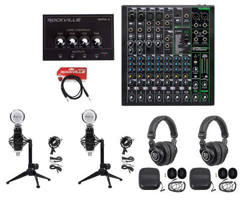2-Person Podcast Podcasting Recording Kit w/Mackie ProFX10 v3 Mixer+Desk Stands