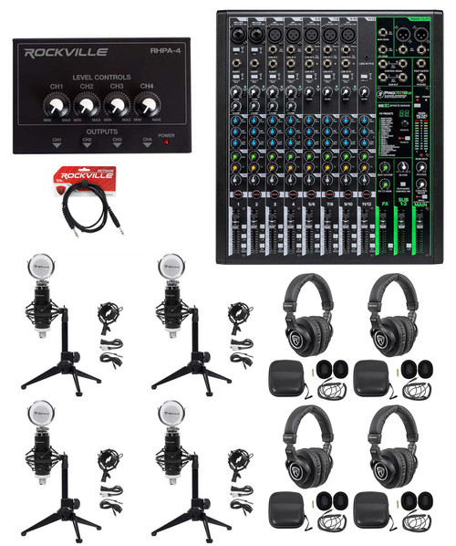 4-Person Podcast Podcasting Recording Kit w/Mackie ProFX12 v3 Mixer+Desk Stands