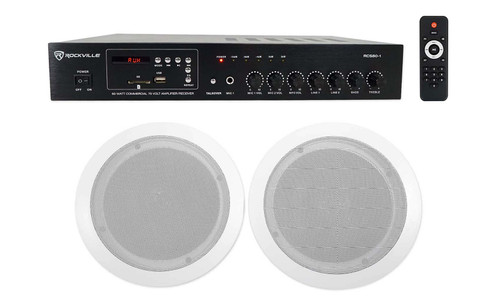 Rockville Commercial Amplifier+2) 6.5" 2-Way White Ceiling Speakers 4 Restaurant