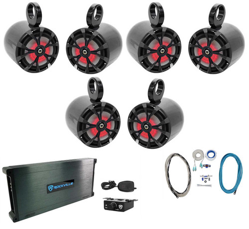 (6) Rockville RKL65MBW 6.5" Marine Boat Wakeboard Tower Speakers w/LED+Amplifier