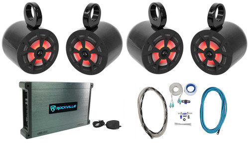 (4) Rockville RKL65MBW 6.5" Marine Boat Wakeboard Tower Speakers w/LED+Amplifier