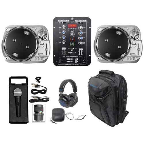 (2) Gemini TT-1100USB Belt Drive USB DJ Turntables Bundle with Mixer, Mic, Backpack, Headphones (6 Items)