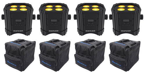 (4) Chauvet DJ Ezlink Par Q4 BT Wireless Rechargeable Bluetooth Wash Lights+Bags