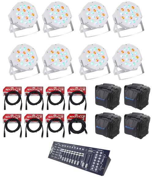 (8) FARENHEIT FHB-118 LED RGB DMX LED PAR Can Wash Lights+Controller+Cables+Bags