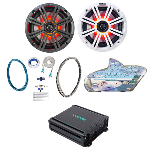 (2) KICKER 45KM654L 6.5" 390w Marine Boat LED Speakers+2-Channel Amplifier+Wires