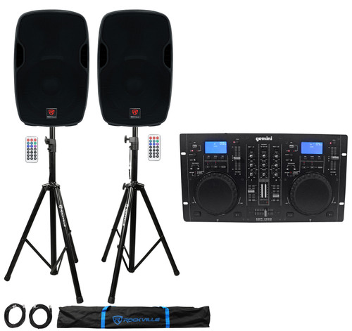 Gemini CDM-4000 2-Ch Dual DJ Mixer Controller+(2) 15" Powered Speakers+Stands