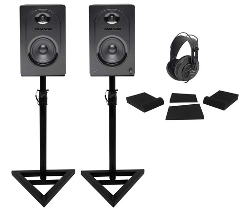 Pair Samson M50 5" Powered Studio Monitors Speakers+Stands+Pads+Headphones