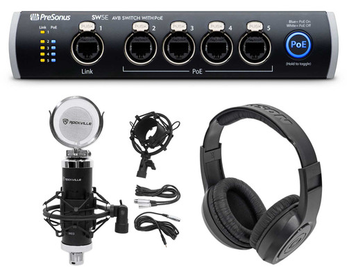 PRESONUS SW5E 5-Port AVB Switch, PoE, Rack Mountable+Studio Mic+Mount+Headphones
