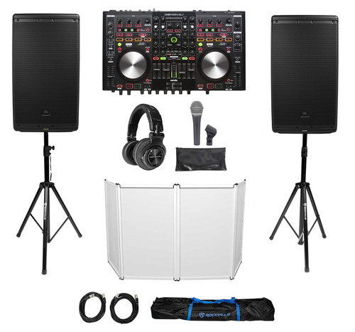 DJ Package JBL 12" Speakers+Denon MC6000 Controller+Headphones+Stands+Facade+Mic