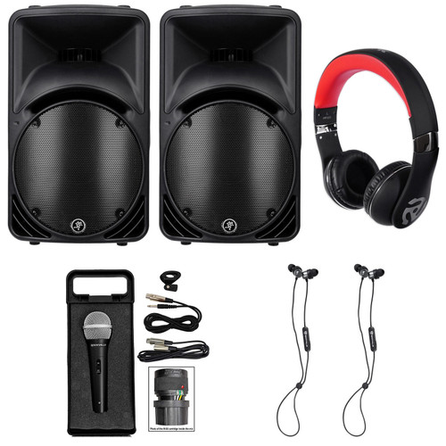 2) Mackie C300Z Compact 12" Passive PA Earbuds/Monitors+(3) Earbuds+Mic