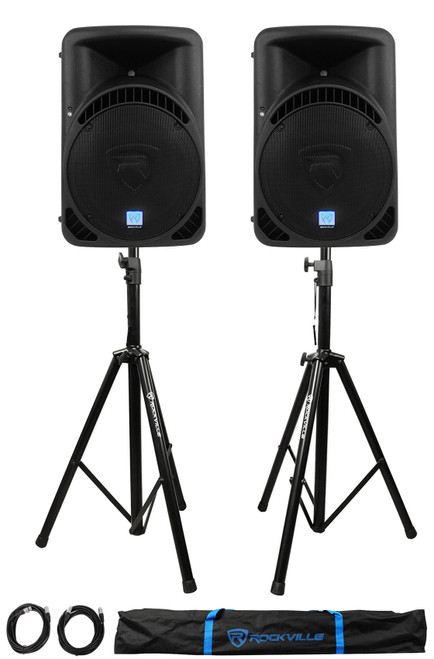 (2) Rockville RPG15BT 15" 2000w Powered BlueTooth/USB DJ Speakers+Stands+Cables