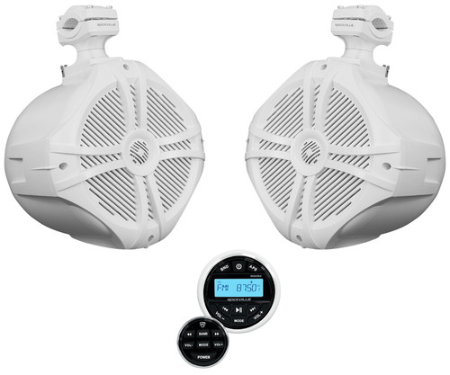 (2) Rockville RWB90W White 8" Marine Wakeboard Swivel Tower Speakers+Receiver