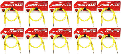 10 Rockville RCTR103Y Yellow 3' 1/4'' TRS to 1/4'' TRS Cable 100% Copper