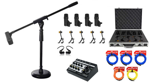 Rockville PRO-D5 KIT 5 Piece Drum Mic Kit Kick+Snare+Mixer+Stand+In-Ear Monitors