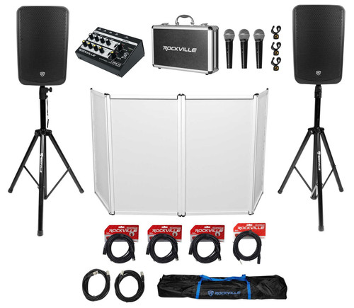 DJ Package (2) Rockville TITAN 15 15" Speakers/Bluetooth+(3) Mics+Mixer+Facade