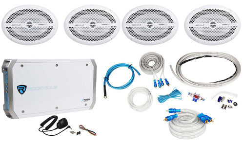 (2) Pairs Rockville RMS69W 6x9 Marine/Boat Speakers+4 Channel Amplifier+Amp Kit