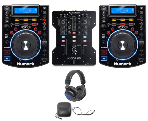 (2) Numark NDX500 DJ Tabletop Controllers+Allen & Heath XONE:23 Mixer+Headphones