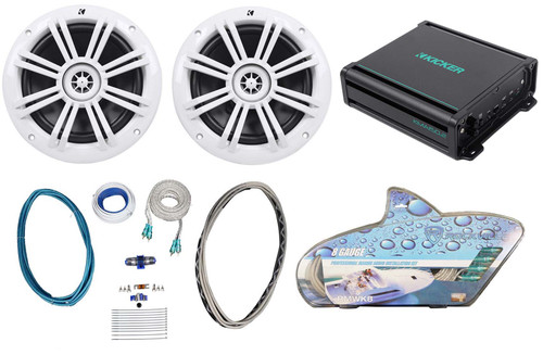 Pair Kicker 41KM604W 6.5" 150 Watt Marine Speakers+2-Channel Amplifier+Amp Kit