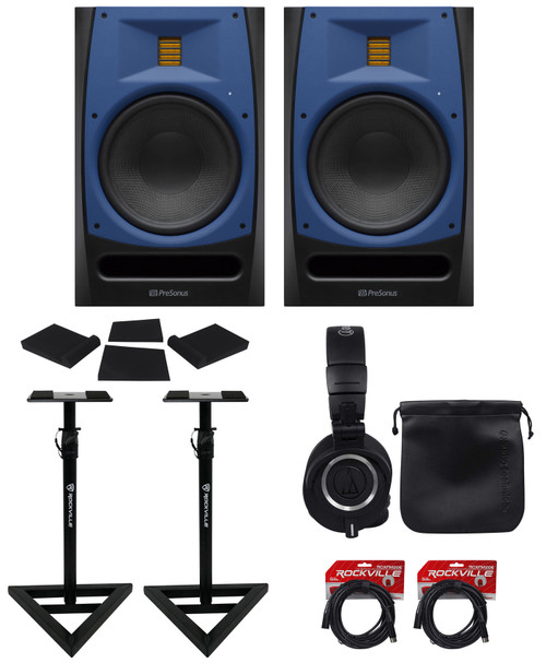 (2) Presonus R80 150w Active Powered 8" AMT Studio Monitors+Stands+Headphones