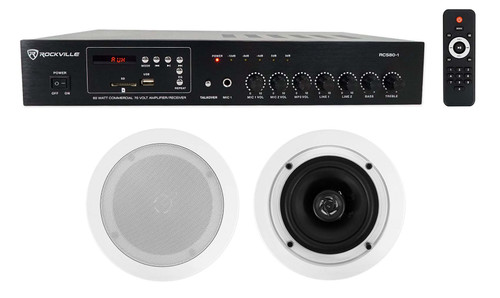 Rockville Commercial Amplifier+2) 5.25" 2Way White Ceiling Speakers 4 Restaurant