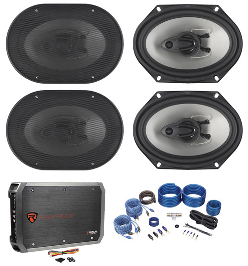 (4) Rockville RV68.3A 6x8" 1800w 3-Way Car Speakers+4-Channel Amplifier+Amp Kit