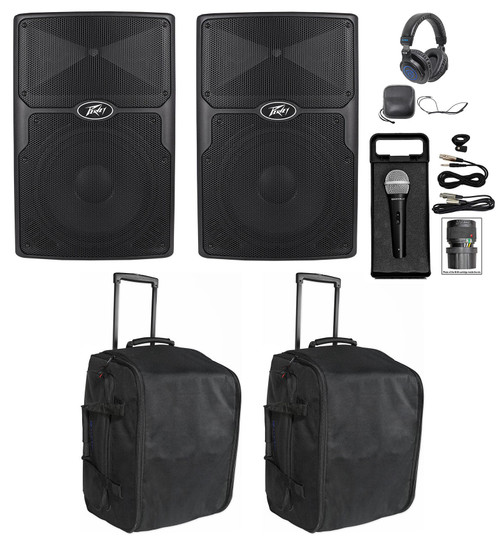 (2) Peavey PVx12 12” 800 Watt DJ PA Speakers+Rolling Travel Bags+Mic+Headphones