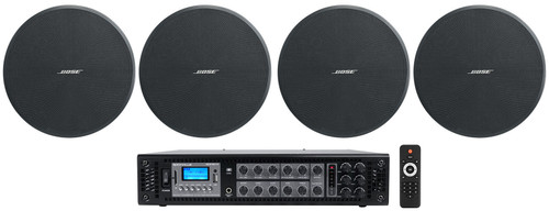 4) Bose DesignMax DM3C Black 70V 3.25" Commercial Ceiling Speakers+Rockville Amp