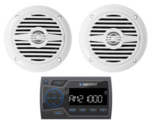 Soundstream MHU-32 Marine Boat ATV/UTV Bluetooth Receiver+(2) White 4" Speakers