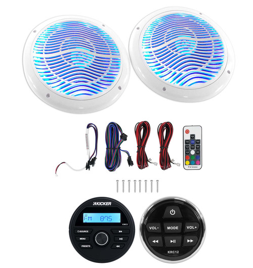 KICKER KMC2 Digital Media Receiver w/Bluetooth+Remote+2) 6.5" White LED Speakers