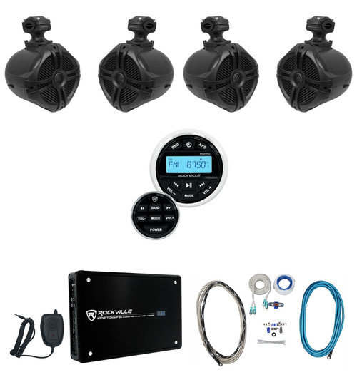 Rockville RGHR2 Marine Bluetooth Receiver+Remote+(4) 6.5" Wakeboards+4-Ch Amp
