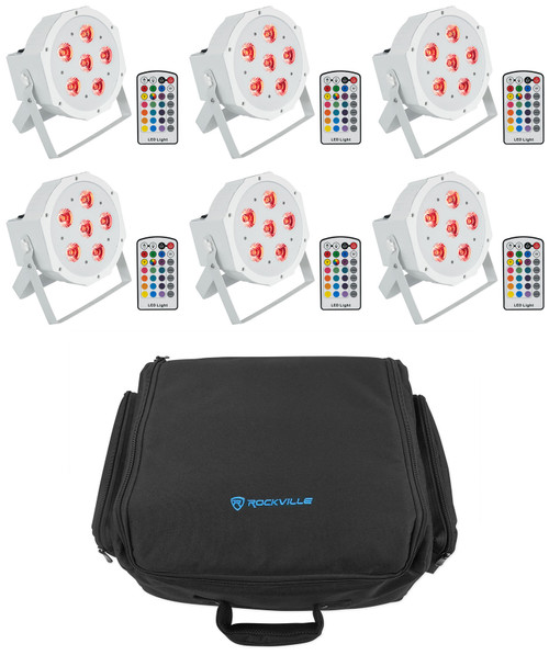 (6) Rockville BATTERY PAR 6RF White Rechargeable Wireless DMX Lights+Backpack