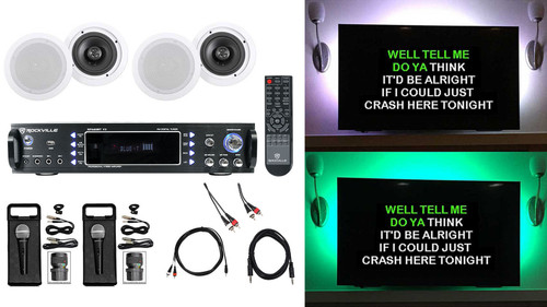 Rockville 1000w Karaoke Bluetooth Amp/Mixer+(4) Ceiling Speakers+(2) Microphones