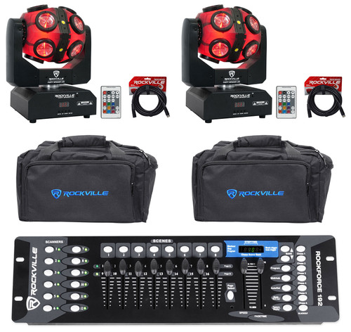 (2) Rockville Party Spinner LED Moving Head DJ Lights+DMX Controller+Bags+Cables