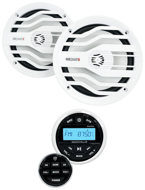 Rockville RGHR2 Marine Gauge Receiver w/Bluetooth+2 White MB Quart 6.5" Speakers