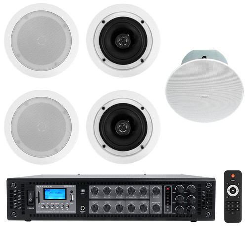 4) Rockville CC525T 5.25" Commercial 70v White Ceiling Speakers+8" Sub+Amplifier
