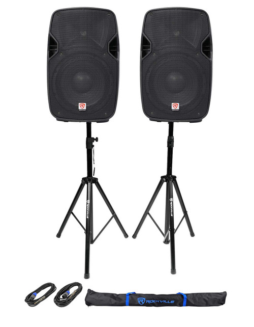 (2) Rockville 10 inch Passive 800w PA Speakers+Stands+Cables+Bags For Church/School