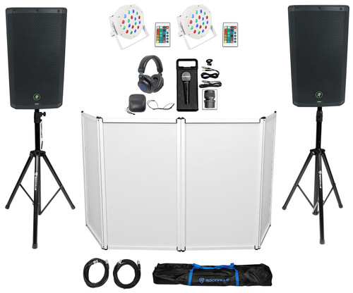 DJ Package w/2) Mackie Thrash212 GO 12" PA Speakers+Facade+Mic+Headphones+Stands