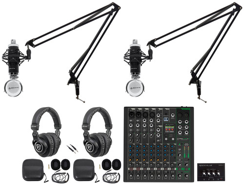 2-Person Podcast Podcasting Recording Kit w/Mackie ProFX10 v3+ Mixer+Boom Arms