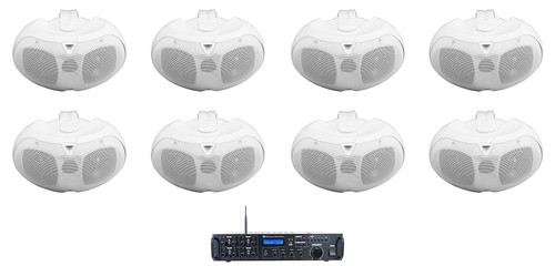 Rockville Rock Zone 8 Channel Multi Room Home Receiver+(8) White Patio Speakers