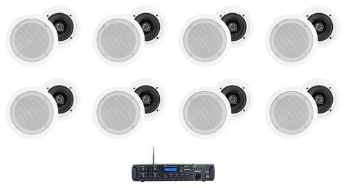 Rockville Rock Zone 8 Receiver+(16) 5.25" White Ceiling Speakers For Restaurant