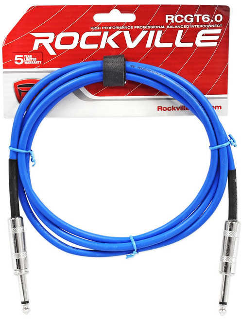  Rockville RCGT6.0BL 6' 1/4'' TS to 1/4'' TS Instrument Cable-Blue 100% Copper 