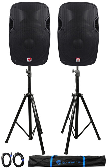 2) Rockville SPG154 15“ Passive 2000W PA Speakers 4 Ohm 2) Stands+2) Cables+Case