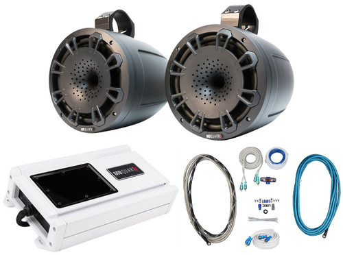 MB QUART (2) MB Quart NHT1-120BPR 8" Marine Wakeboard Tower Speakers+4-Channel Amplifier 