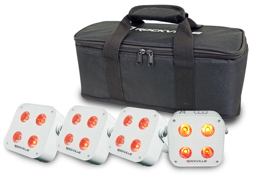  Rockville 4 PACK MINI RF4 V2 WHITE DJ Par Wash Up Lights+Wireless DMX+App+Bag 