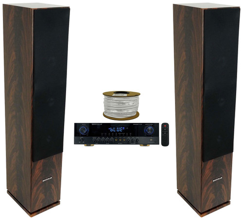 Rockville 2000 Watt Bluetooth Home Receiver Mixer+(2) Dark Wood Tower Speakers 