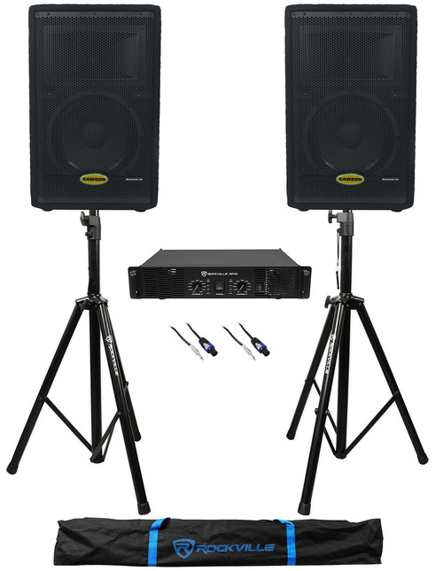 SAMSON (2) Samson RS10HD 10" 300w Wooden PA Speakers+Power Amplifier+Stands+Cables+Bag 