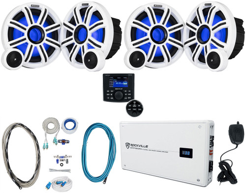 Kicker (4) KICKER 51MSS8 8" 400w Premium Marine Component Speakers+Amplifier+Receiver 