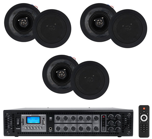 Rockville RCS180-6 70v Commercial Amplifier w/Bluetooth+(6) 4" Speakers in Black